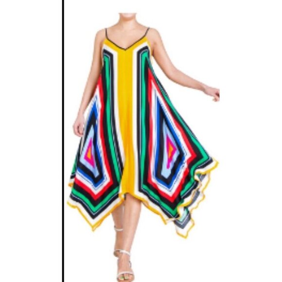 Womens Chevron Maxi Dress Asymmetric Handkerchief Hem Boho Beach Coastal MEDIUM - Picture 1 of 7